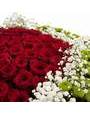 Красные розы, гипсофила и хризантема Филинг Грин