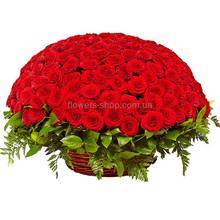Большая корзина с красными розами сорта Гран При и зеленью ледерварена