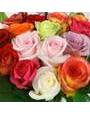 Букет из разноцветных импортных роз и листьев салала