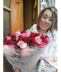 A bouquet of roses and box of chocolates for the birthday girl Bouquet of 75 roses delivered to your door