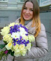 Bouquet in the shape of a heart of roses and irises Avalanche Send flowers to Zaporozhye