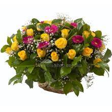 Цветочная корзина с мини-герберами, розами, зеленью и гипсофилой