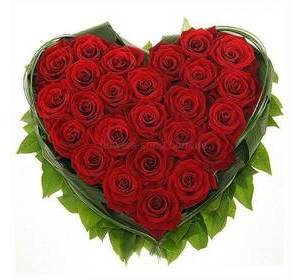 Сердце из красных украинских роз с декоративной зеленью
